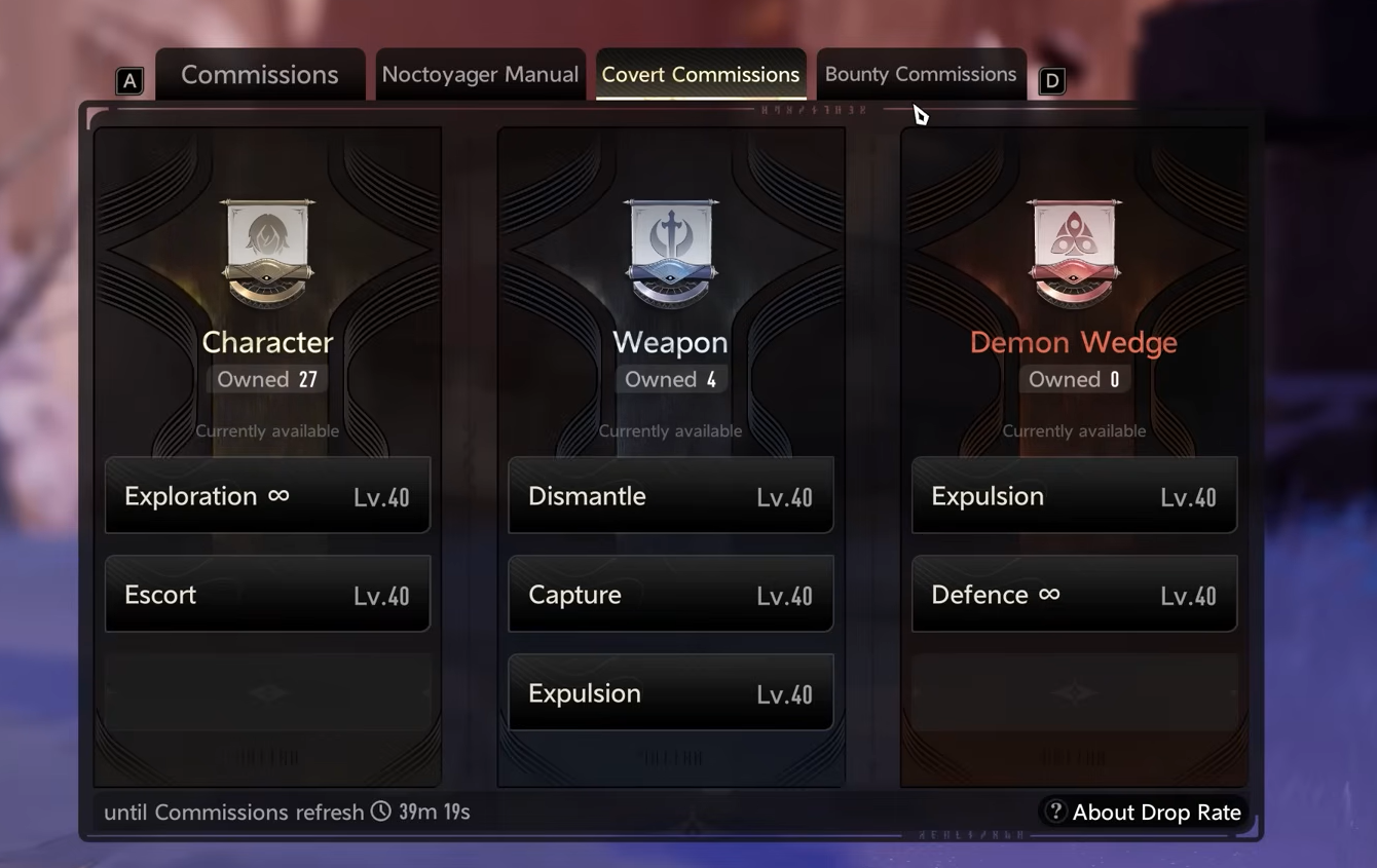 Duet Night Abyss Covert Commissions — farm characters, weapons, and Demon Wedges