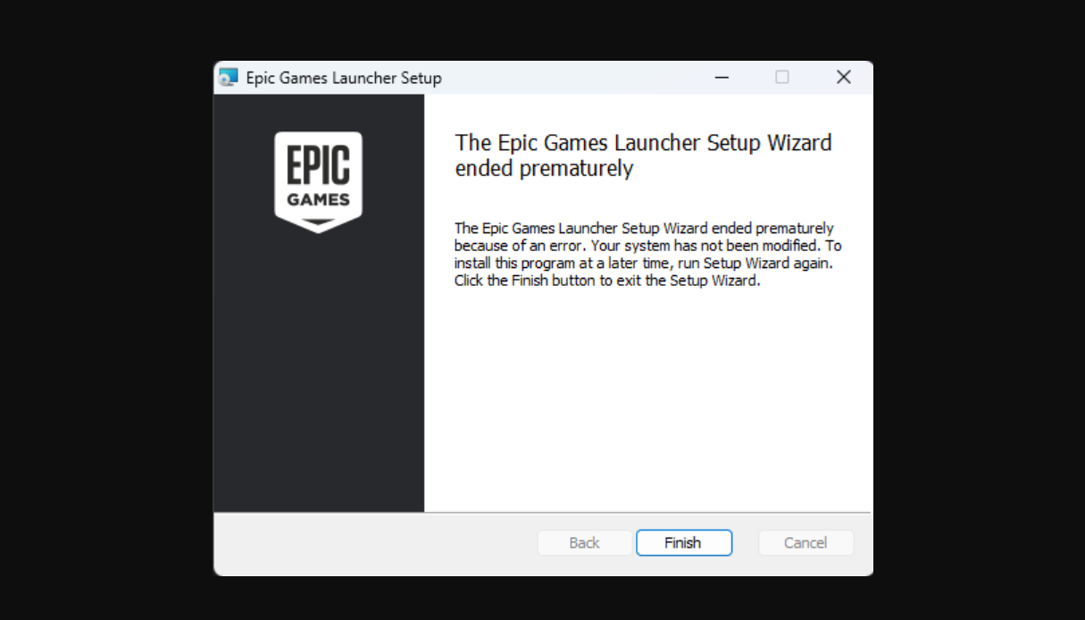 Epic Games Launcher “Setup Wizard Ended Prematurely” error on Windows