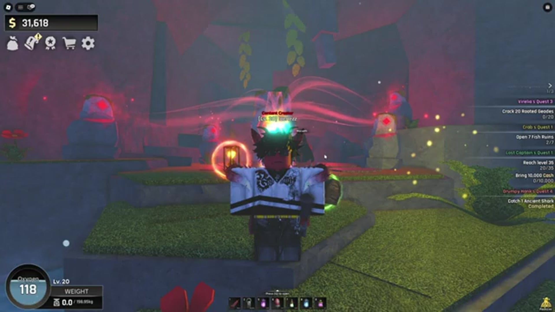 a view of a character in a cave with glowing red stones. Text overlays appear reading "Morveth's Treasure Gun" and…