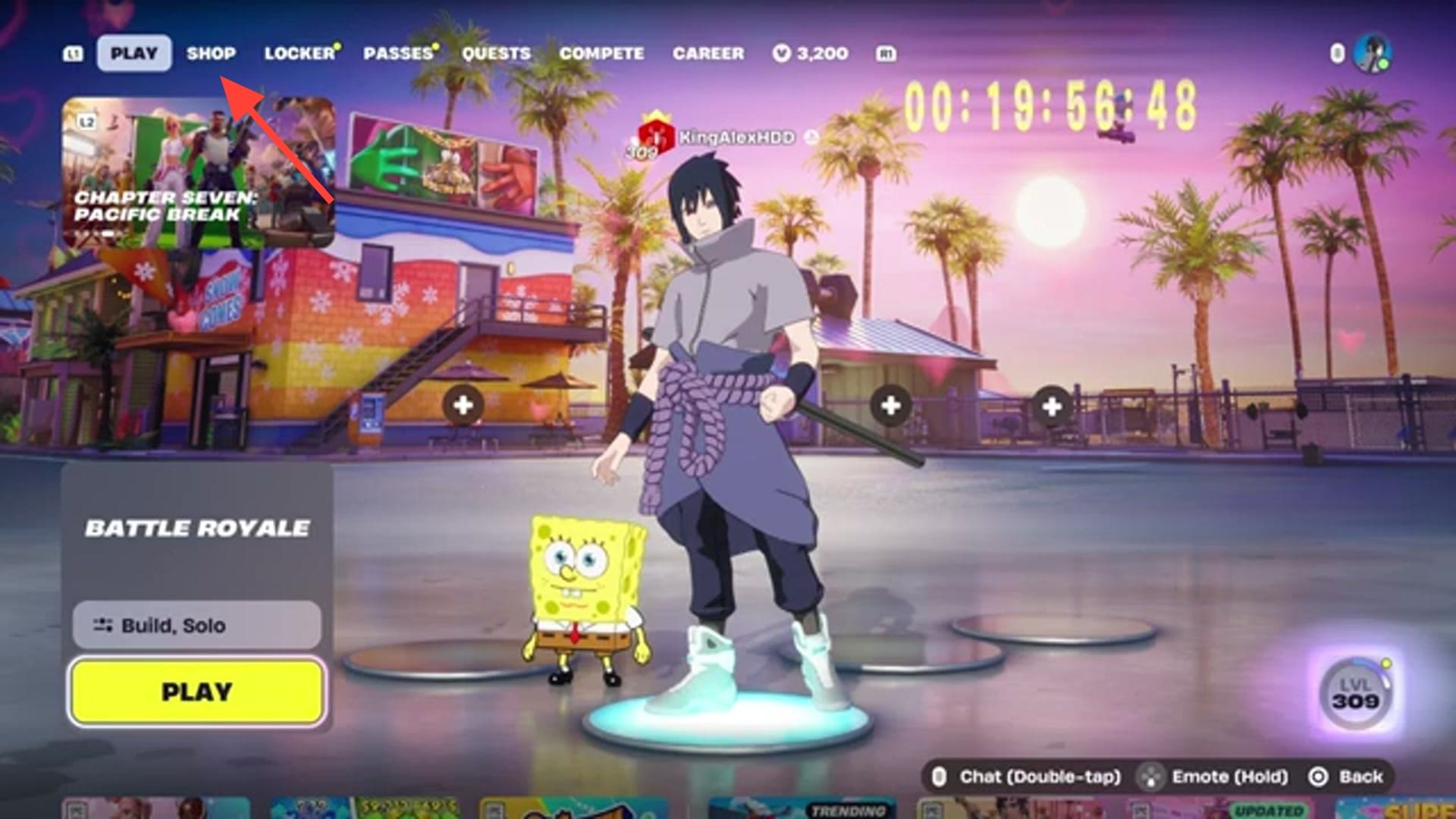 Visual: The video opens on the Fortnite main lobby screen. The player character is "Sasuke Uchiha" with a "Spongebob" back bling. The UI