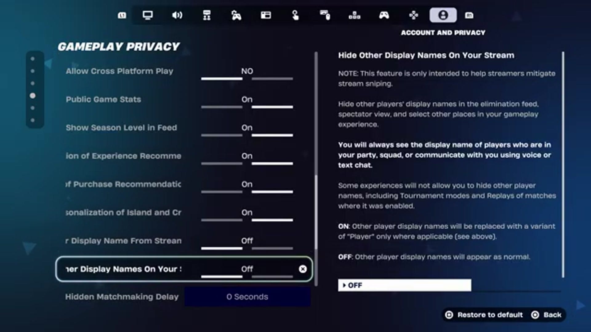 The user scrolls to the bottom to Hidden Matchmaking Delay.