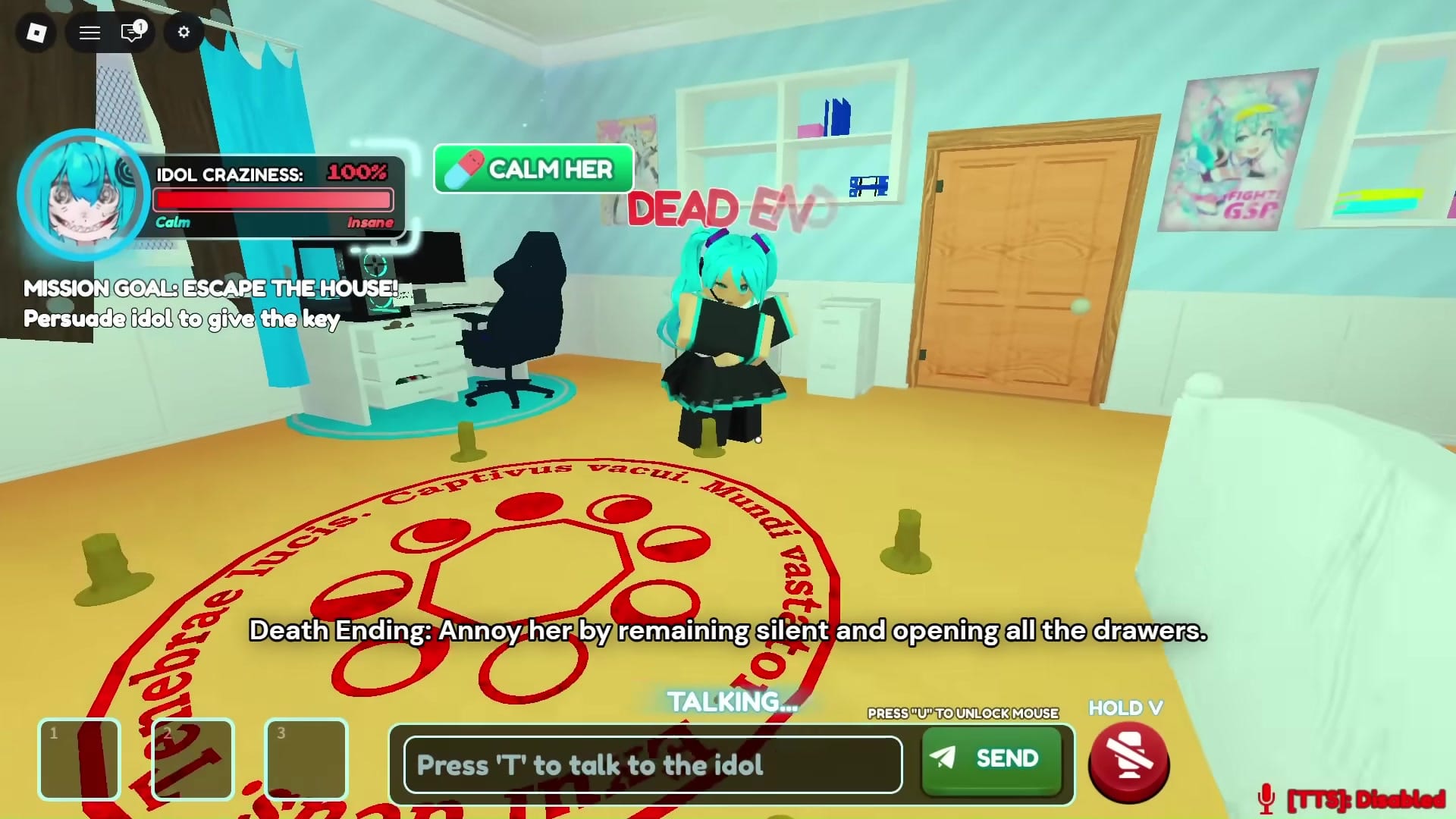 a game interface with the mission goal "ESCAPE THE HOUSE!" and a task to "Persuade idol to give the key." It shows an "IDOL CRAZINESS"