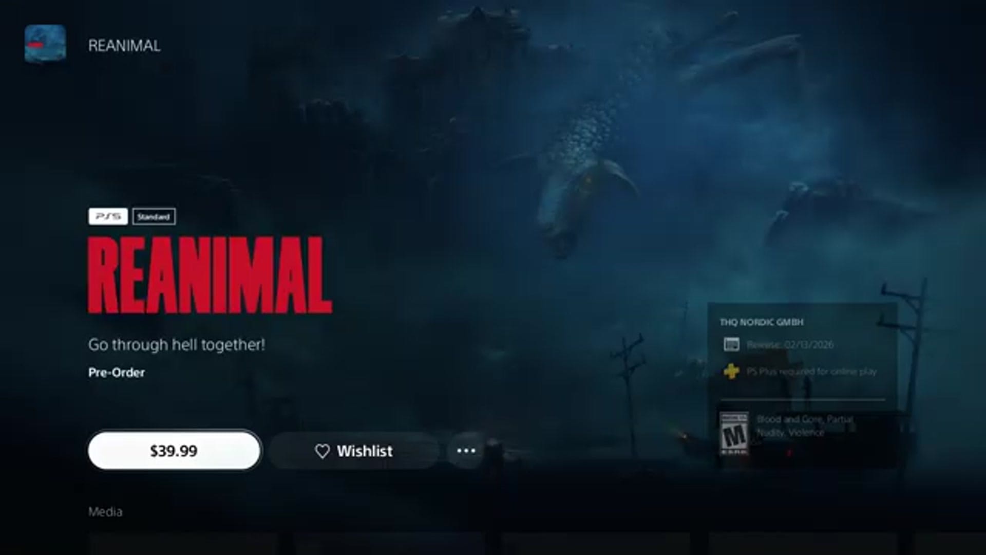 The product page for "REANIMAL" loads. The title is displayed at the top left. The price is listed as $39.99. The button says "Pre-Order".