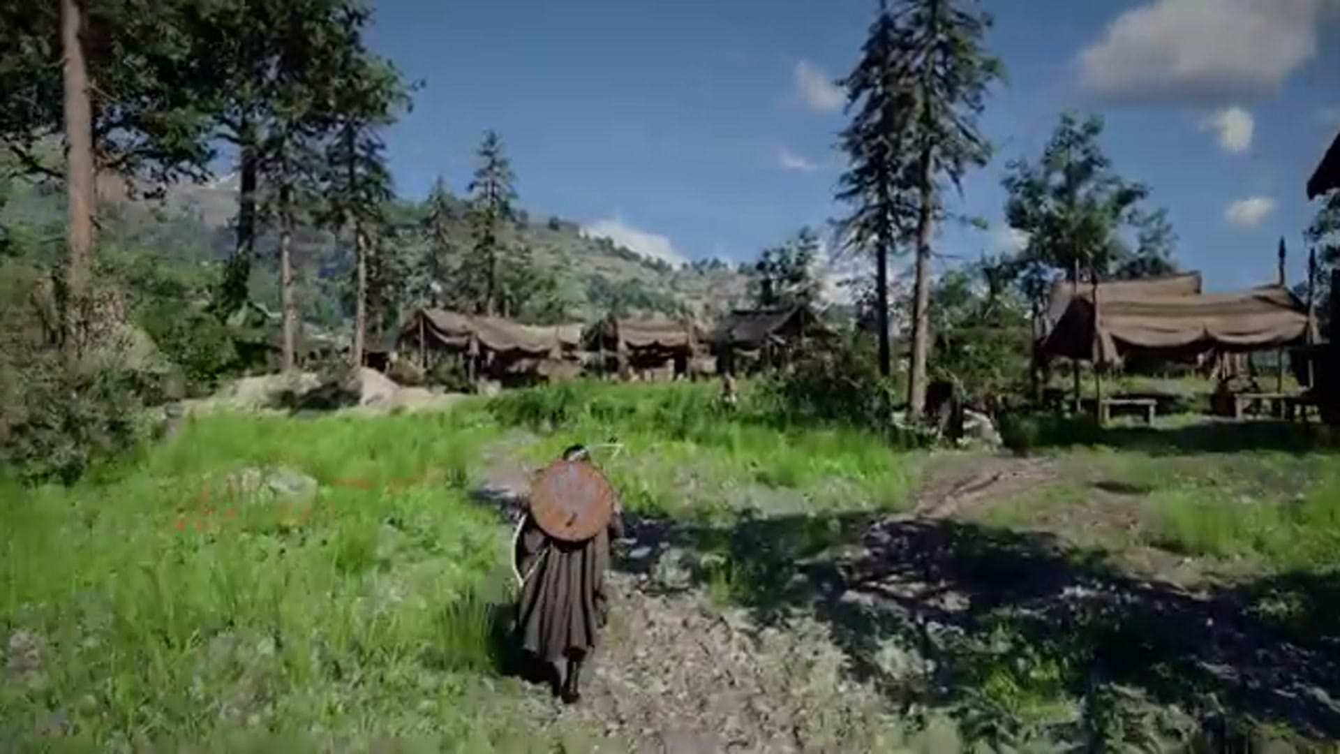 Aerial view of a camp layout. The Steinfell Fortress menu appears again, showing the layout of buildings.