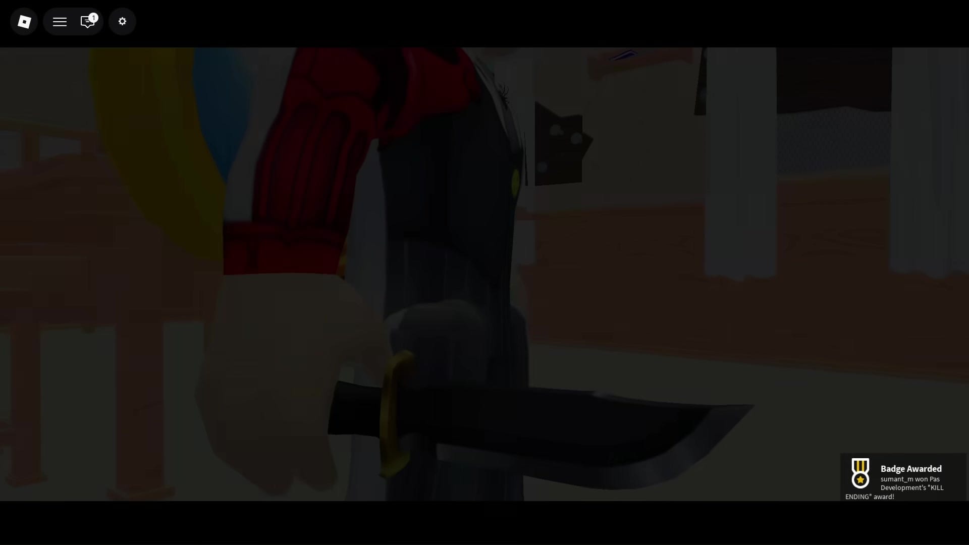 a character holding a knife, with a badge notification at the bottom right stating, "Badge Awarded: sumantm won Pas Development's 'KILL