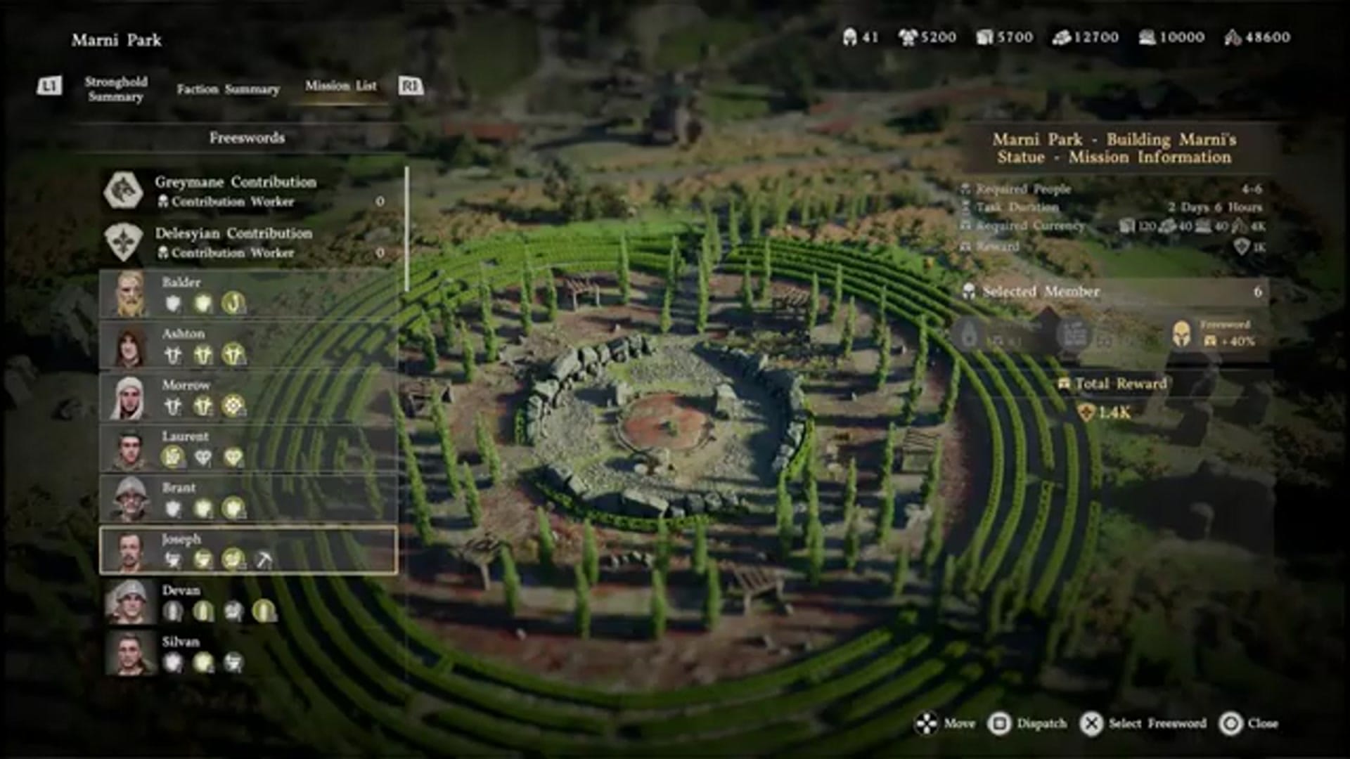 A list of "Freeswords" (companions) is shown on the left (e.g., Joseph, Laurent, Beast). The player selects members to dispatch.