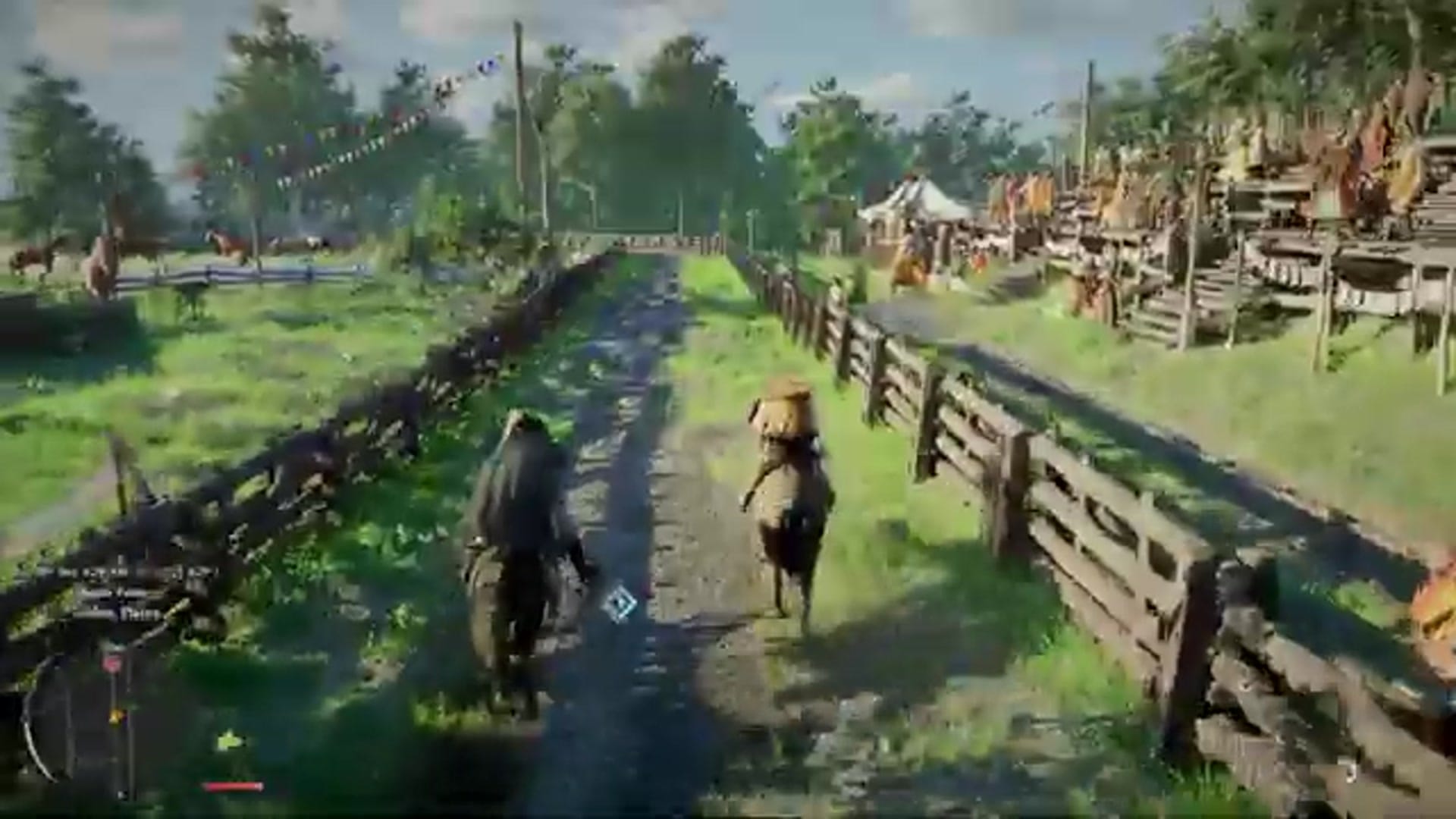 Quick cuts show combat in an arena, a character sneaking through flowers, and a character customization screen.