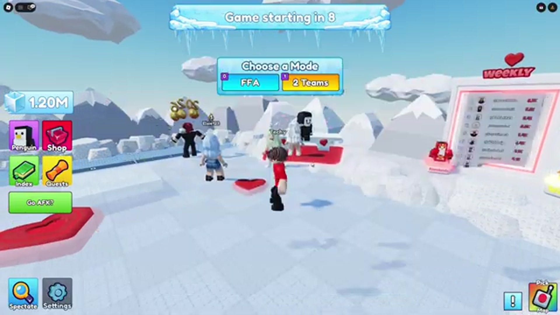 The lobby screen shows "Choose a Mode". Options are FFA and 2 Teams. The group selects "2 Teams".