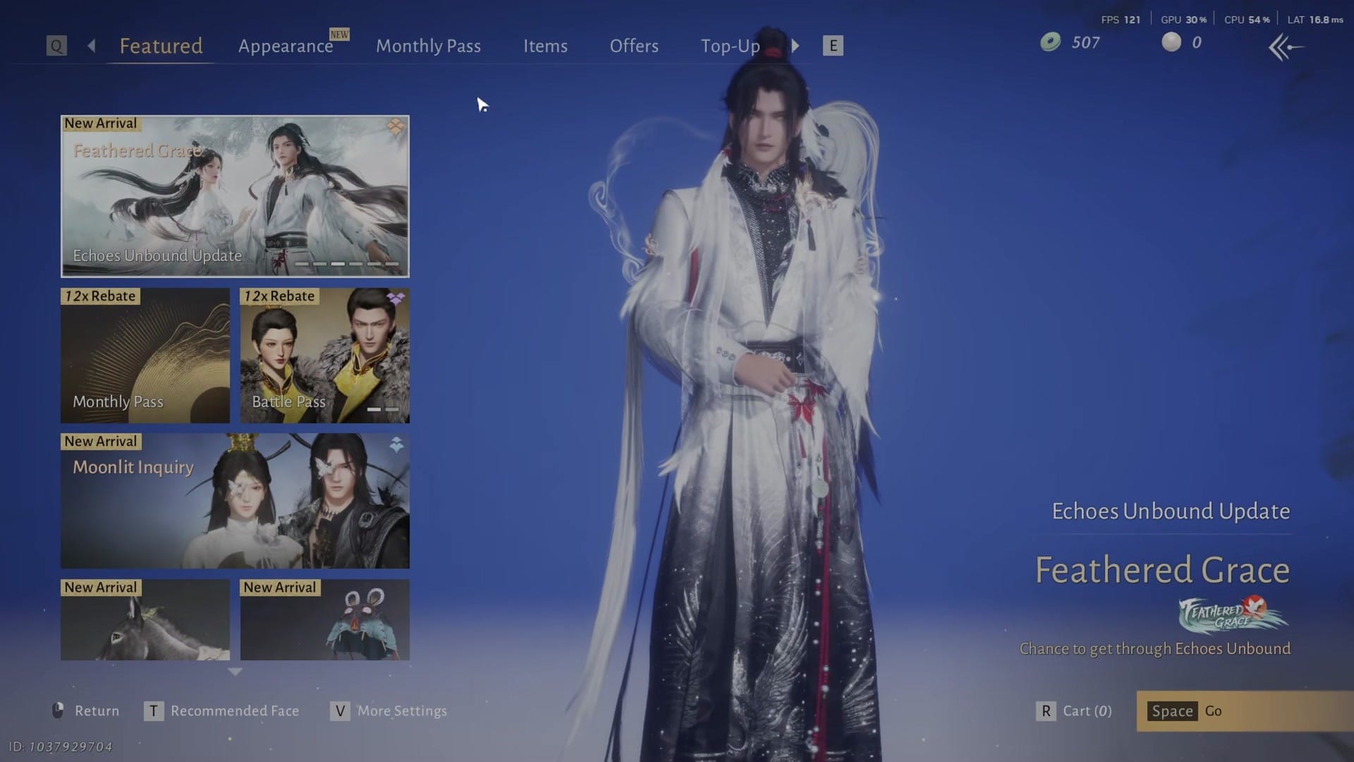 The speaker navigates to the Shop -> Items tab -> Jianghu Treasures. They highlight the Crane Plume item (Price: 23 Gold). The tooltip