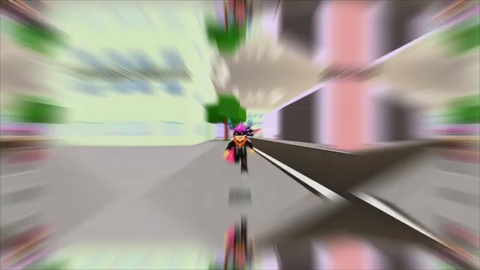 A Roblox character with pink and black hair runs down a street. Text appears on screen: "that's some brand".