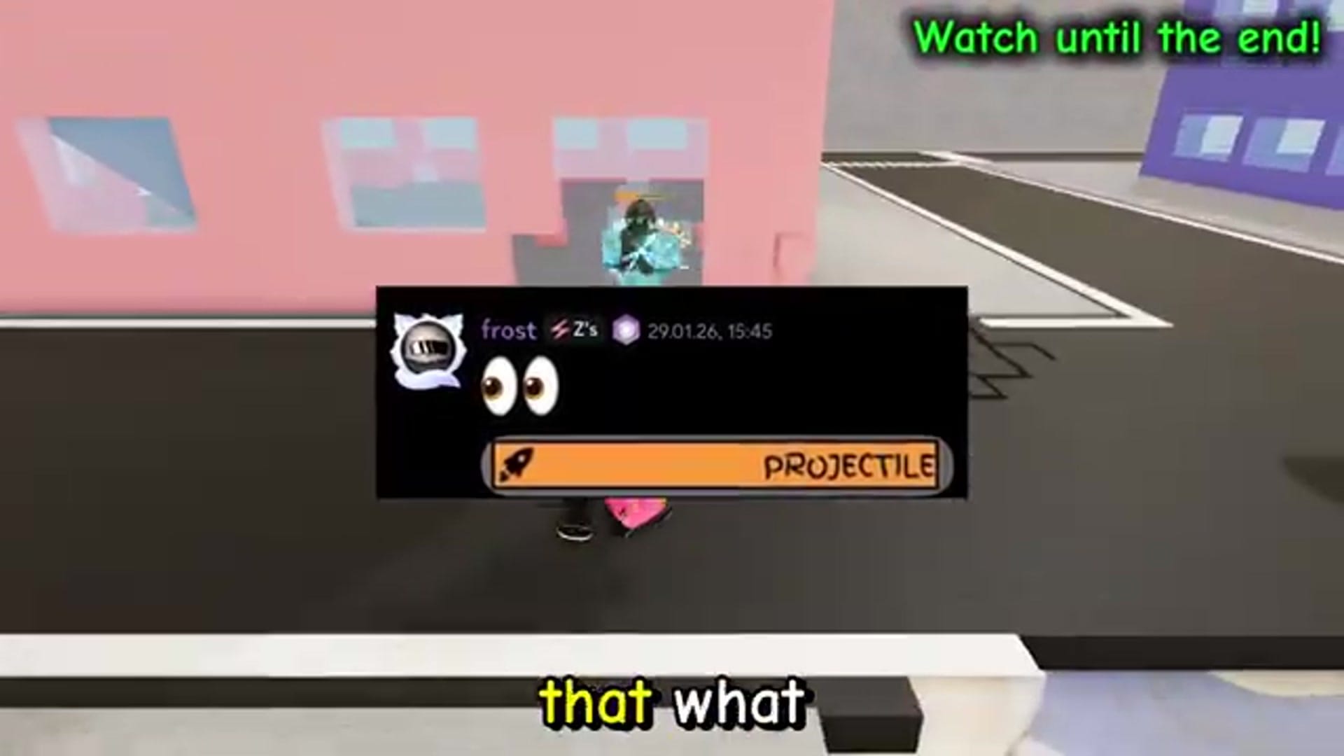 A thinking face emoji appears over the character as they walk into a pink building.