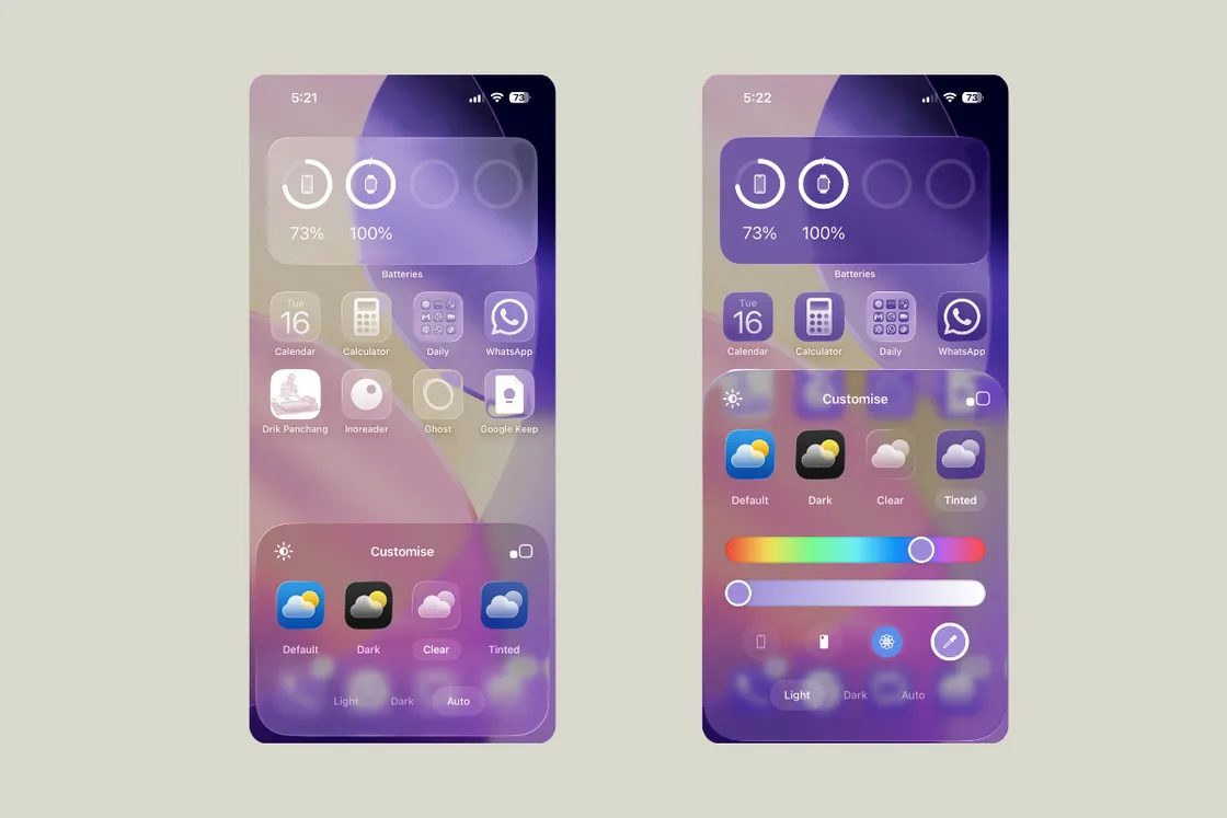 Change app icons on iPhone (iOS 26): clear, tint, size
