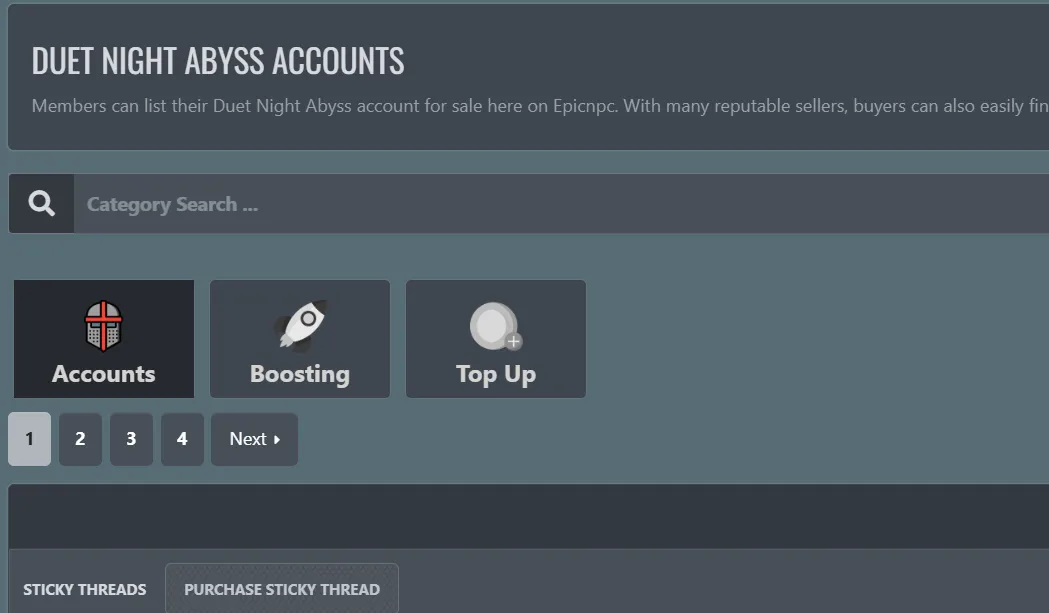 Duet Night Abyss account sales on EpicNPC — prices, items, and how listings work
