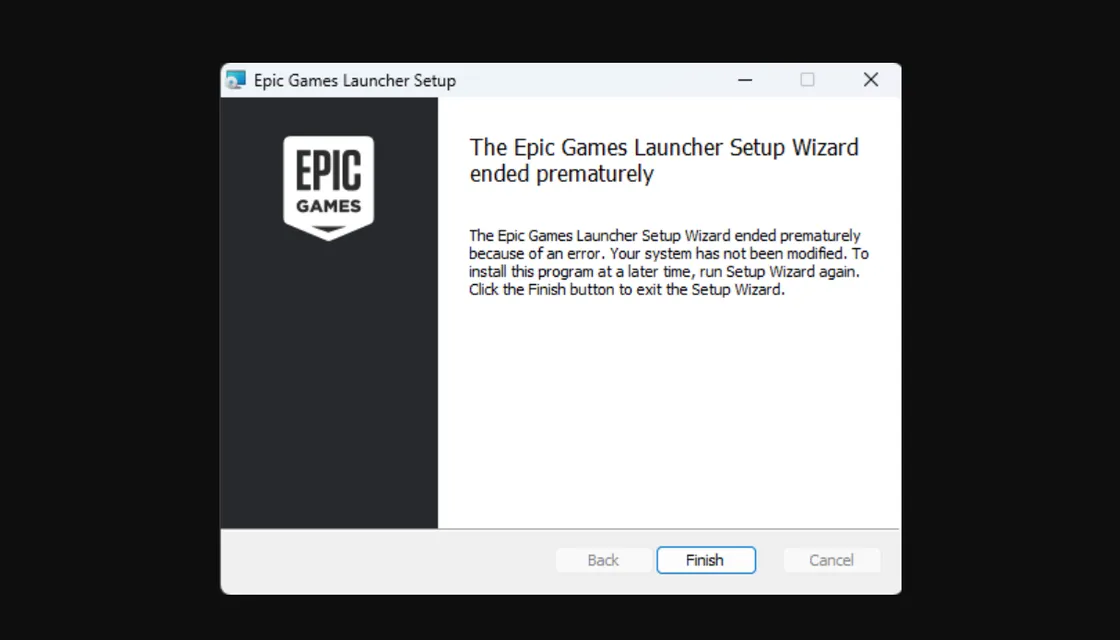 Epic Games Launcher “Setup Wizard Ended Prematurely” error on Windows