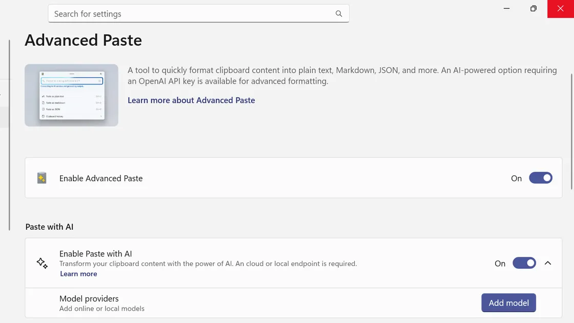 How to add a model provider to PowerToys Advanced Paste with AI