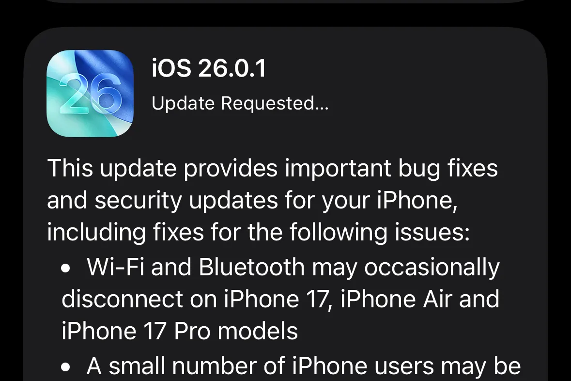 iOS 26.0.1 — key fixes for iPhone 17 Wi‑Fi, camera, and more