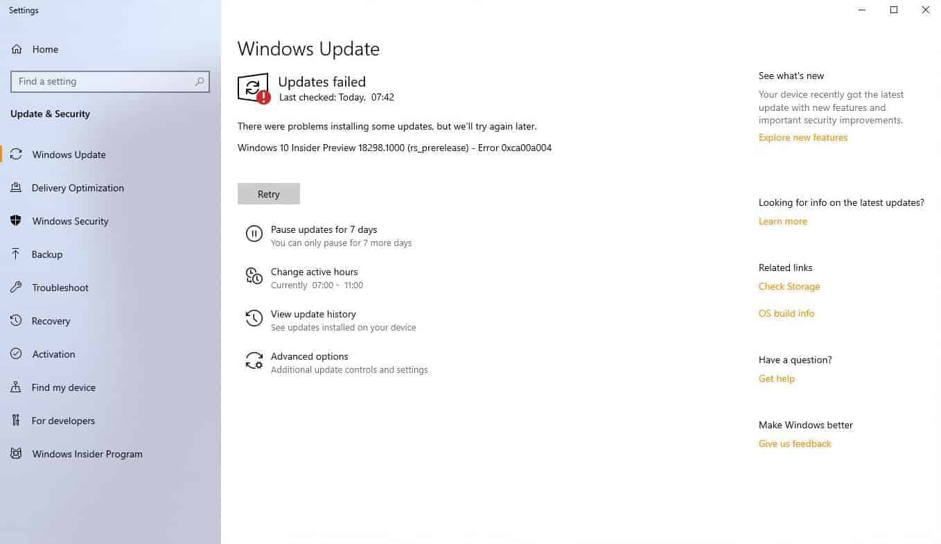 FIX: Error 0xca00a004 when installing Windows 10 Insider Preview build 18305, 18298, and 18290
