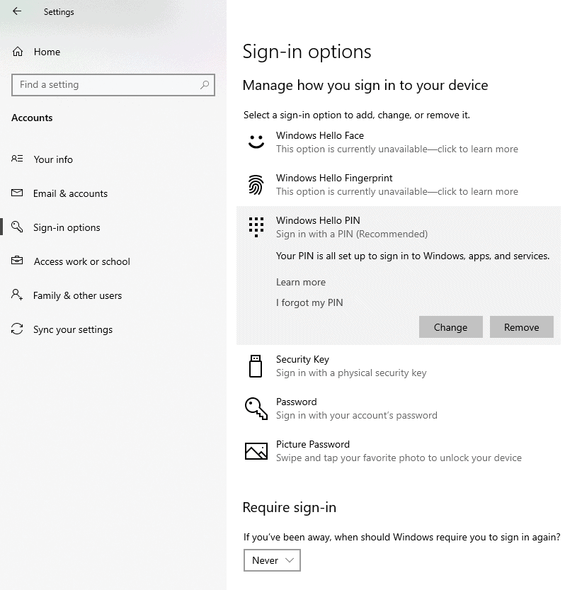 Windows 10 Sign-in oprions