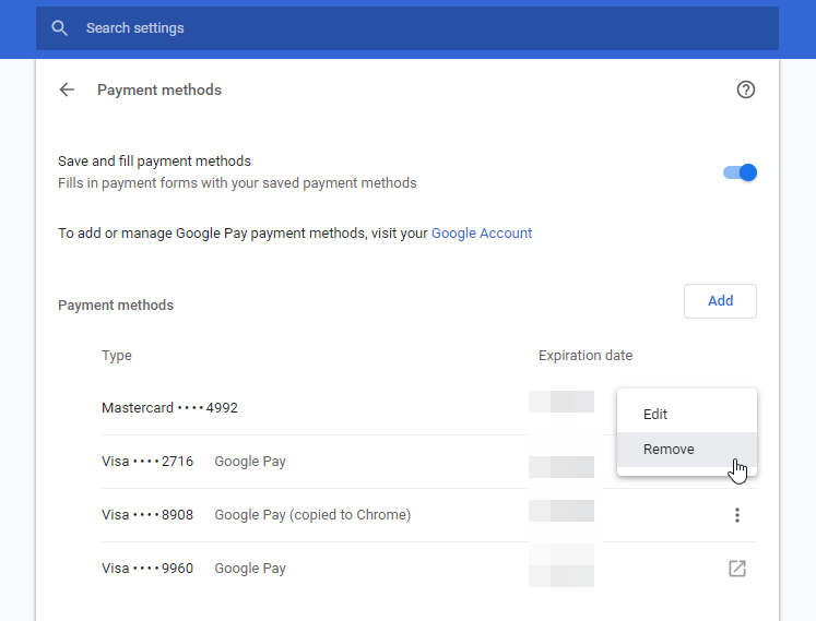 Delete Autofill Credit card in Chrome