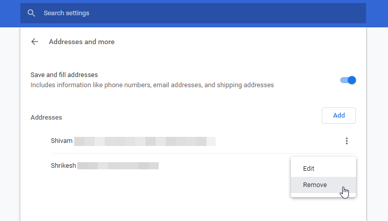 Delete Autofill Chrome Address