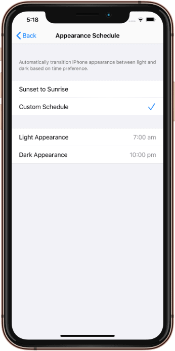 iOS 13 Dark Mode Custom Schedule