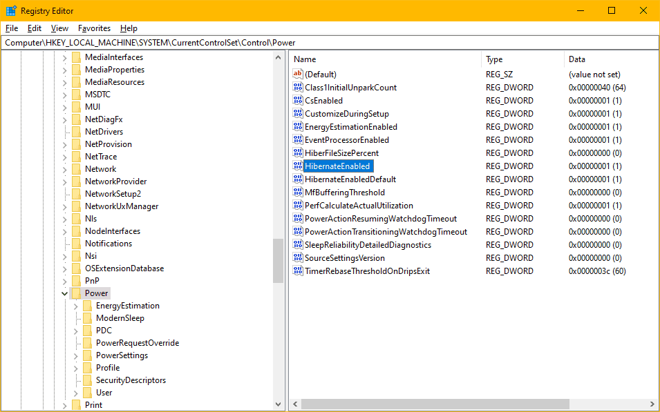 HybernateEnabled registry value power options Windows 10