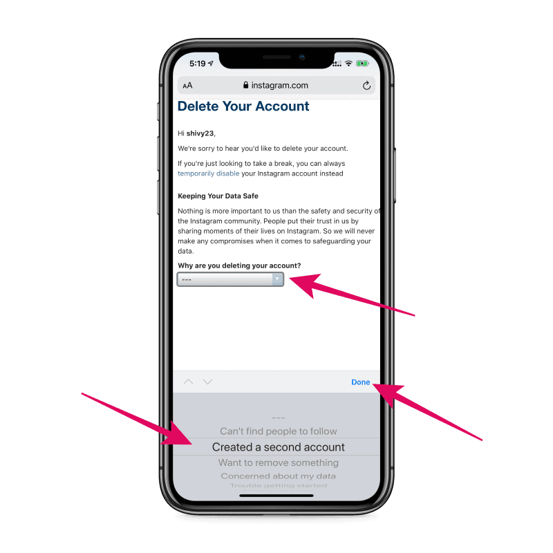 Select reason for deleting Instagram account on iPhone