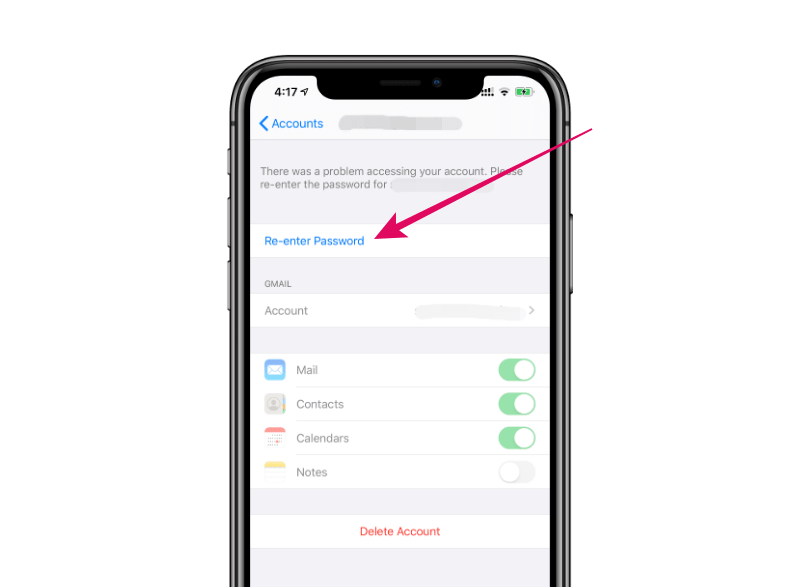 how to re enter my email password on iphone