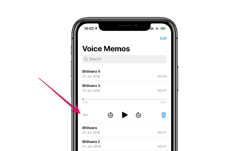 Share button menu voice memo iPhone