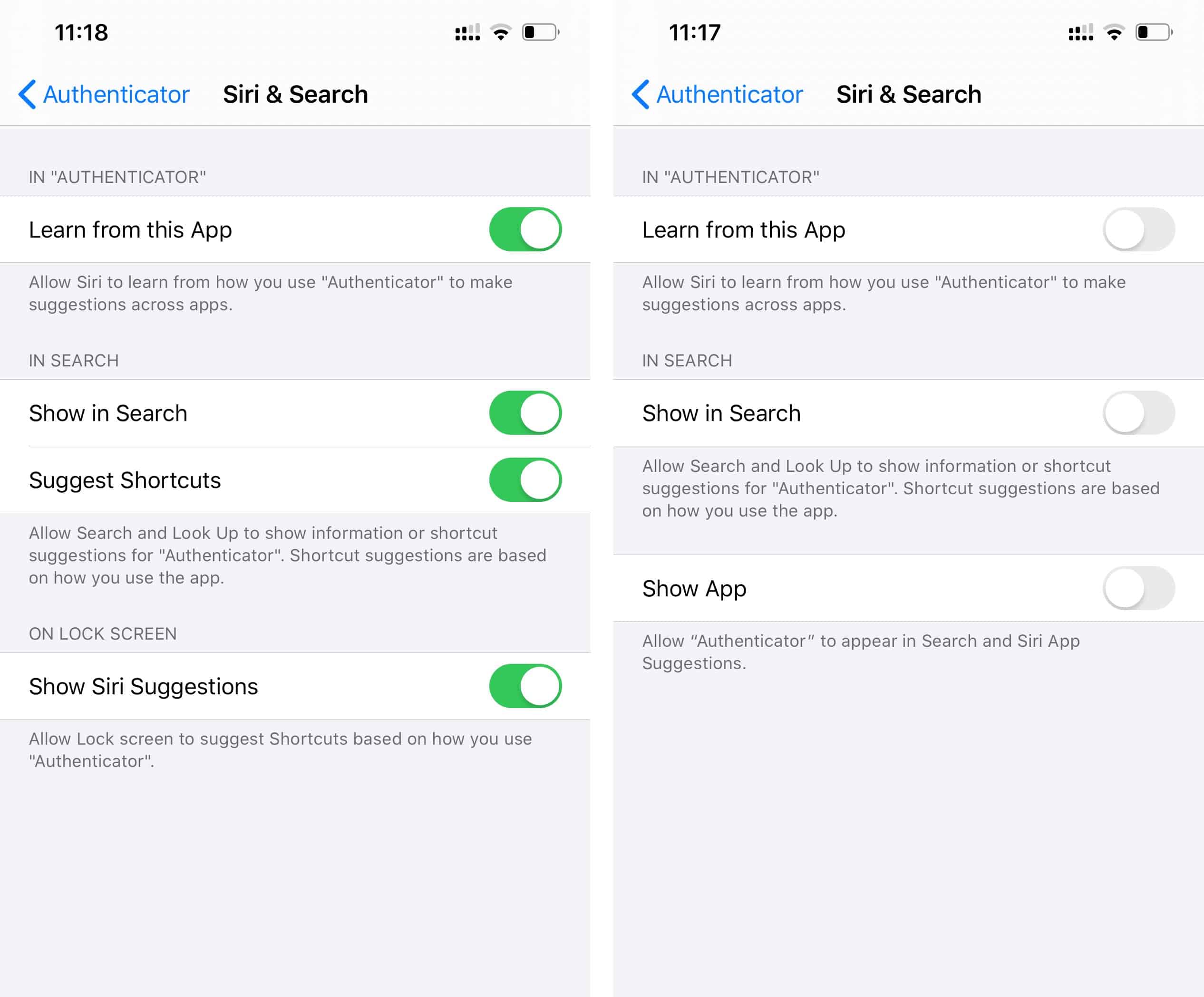 Turn off Siri and Search options app settings