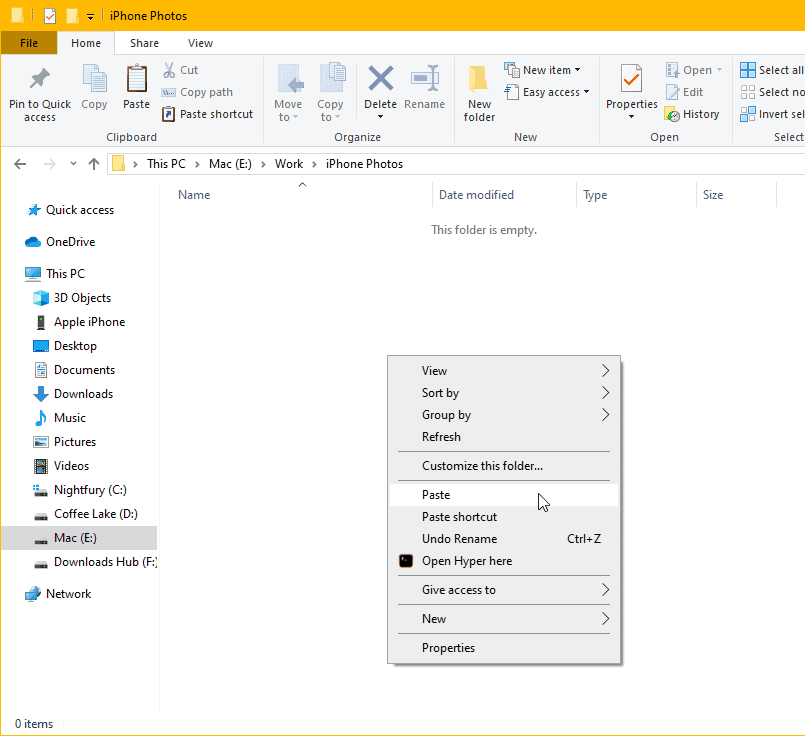 Paste files empty folder