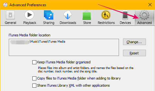 iTunes Advanced Preferences Settings Windows 10 Media Folder Location