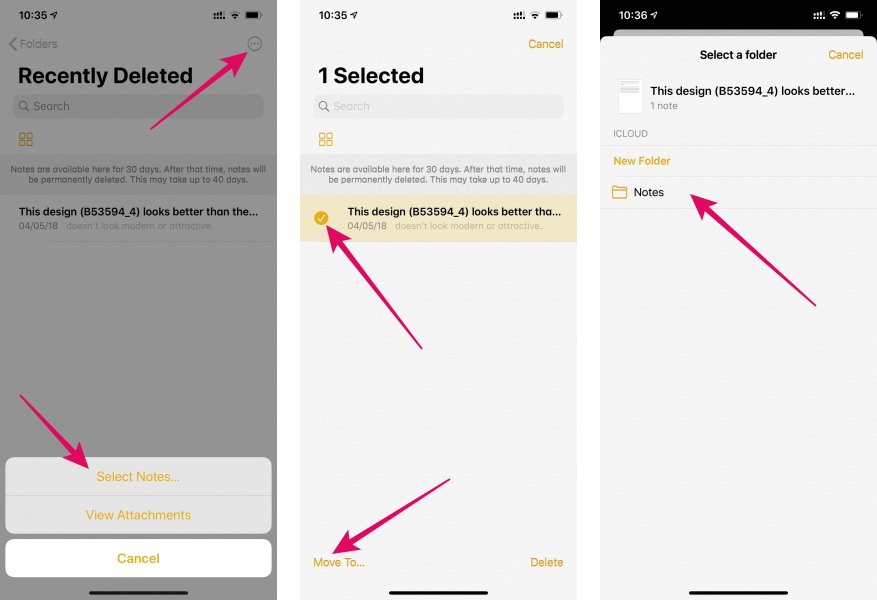 Recover Recently Deleted Note Select and Move to folder