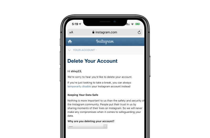 Delete Instagram account on iPhone