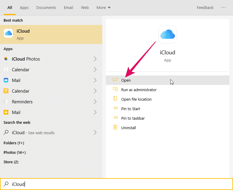 Open iCloud on Windows from Start Menu