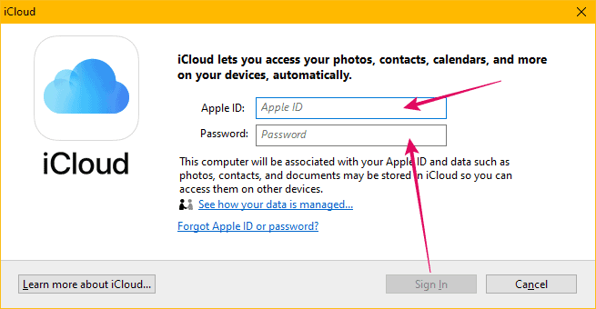 Sing in to iCloud on Windows