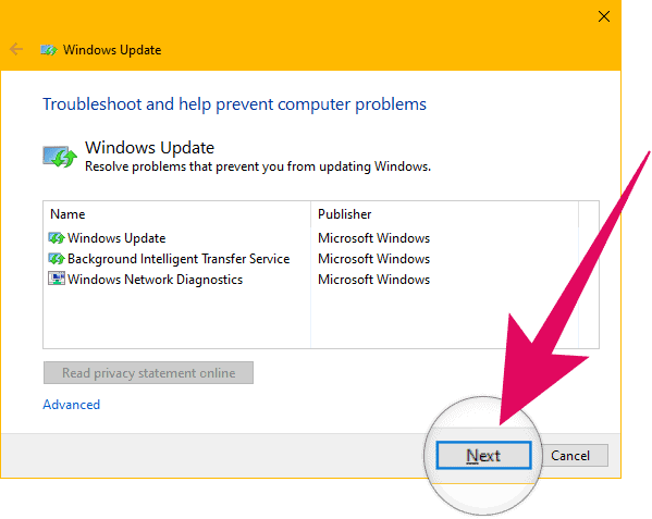 Click Next on Windows Update Troubleshooter