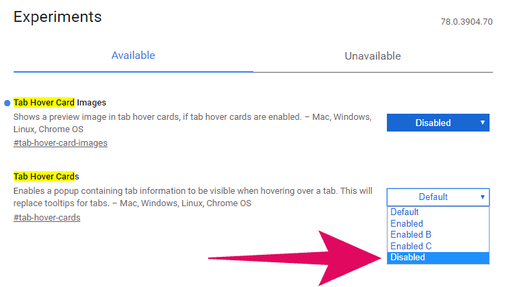 Disable Tab Hover Cards Chrome flag