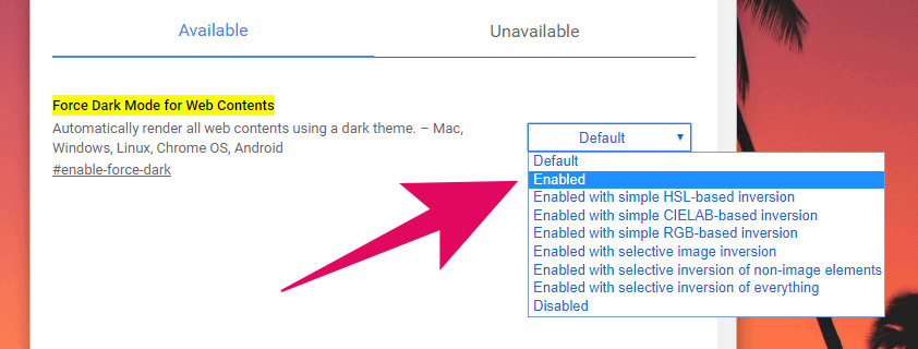 Enable "Force Dark Mode on Web Contents" feature in Chrome