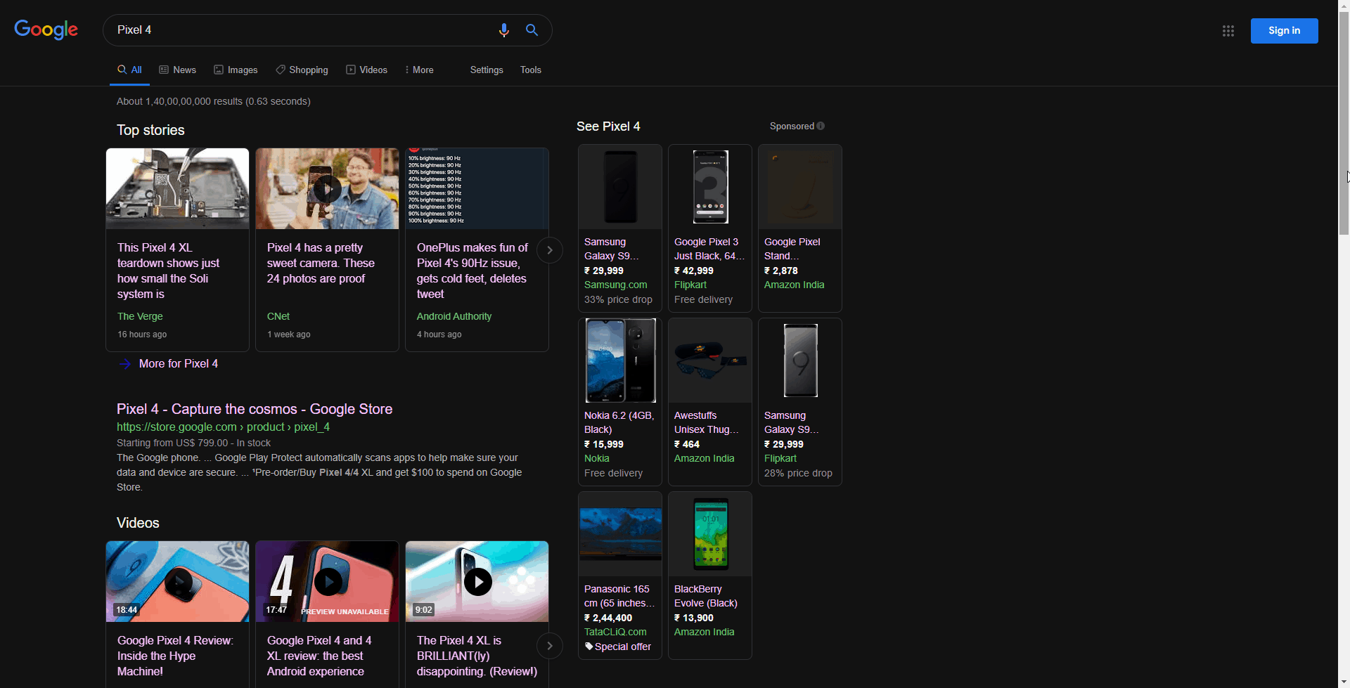 Google Search in Dark Mode on Chrome