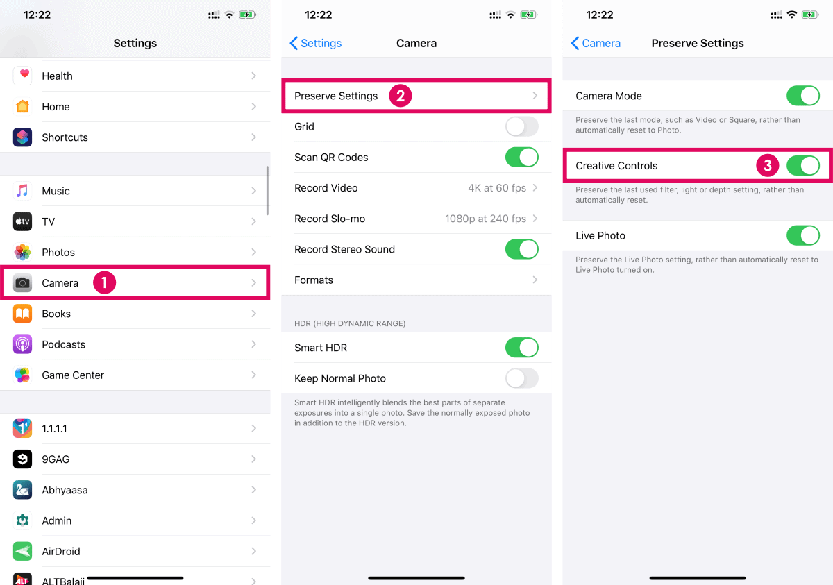 Preserve iPhone Camera Creative Controls Setting