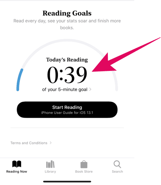 Reading Goals section in Apple Books app on iPhone
