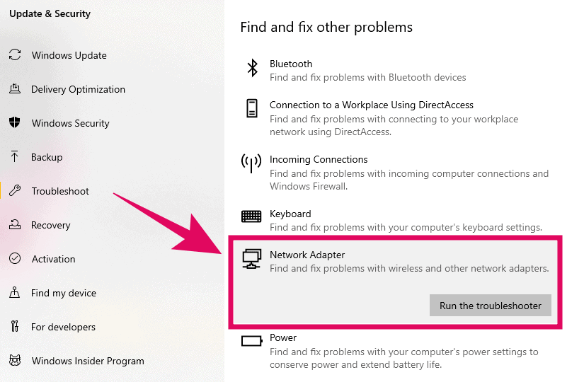 Run Network Adapter Troubleshooter on Windows 10