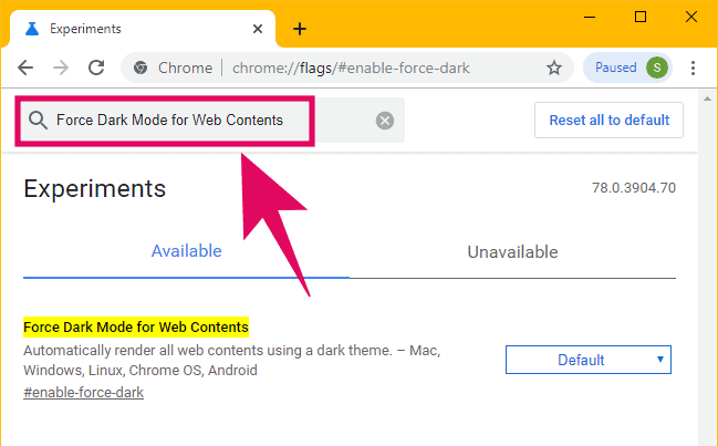 Search for "Force Dark Mode on Web Contents" on the Chrome experiments page