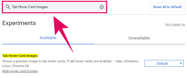Search for "Tab Hover Card Images" feature in Chrome experiments page
