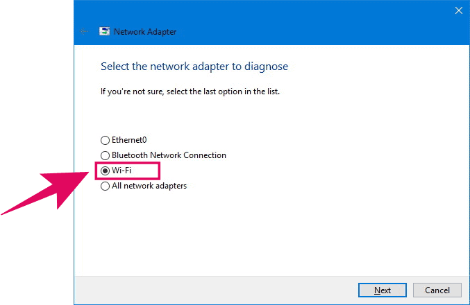 Select WiFi Network Adapter to Troubleshoot