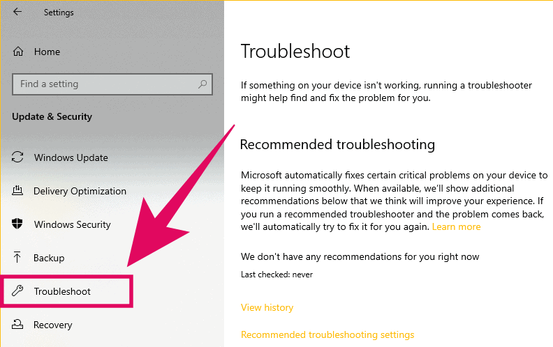 Windows 10 Troubleshoot Options