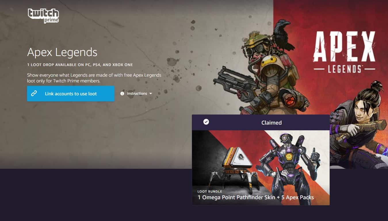 Twitch Prime members get 5 free Apex Legends packs and legendary skin