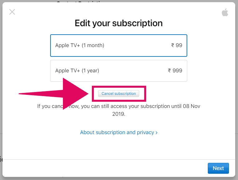 Click on the "Cancel subscription" button