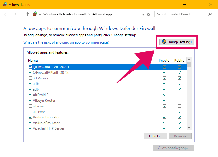 Change settings for allowed apps in Windows firewall